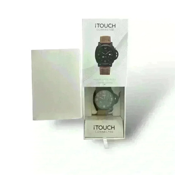 iTouch Connected Men: Black Case Brown Leather Strap Hybrid Smartwatch - Picture 2 of 7